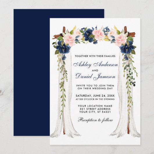 Invitation Aquarelle mariage de la canopée Floral rose Bleu (Devant / Derrière)
