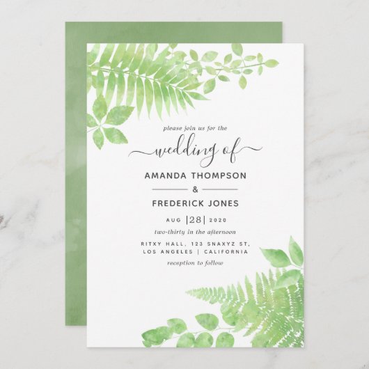 Invitation Aquarelle Mariage de verdure (Devant / Derrière)