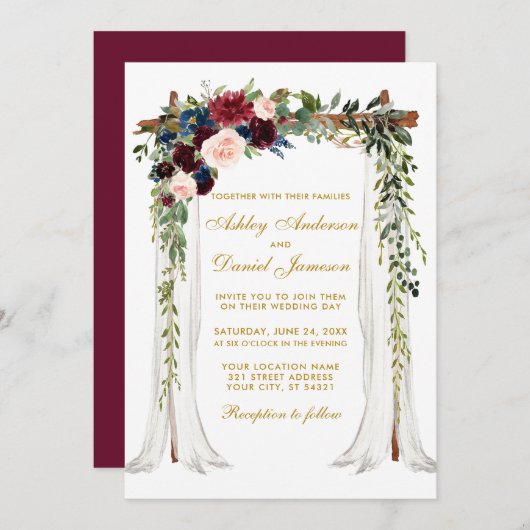 Invitation Aquarelle mariage en or à canopée Arch Floral (Devant / Derrière)
