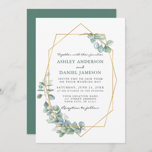 Invitation Aquarelle mariage Eucalyptus Verdure Gold Frame (Devant / Derrière)