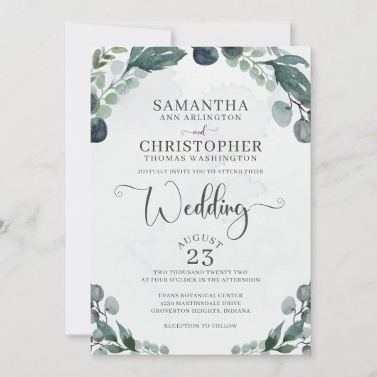 Invitation Aquarelle mariage Eucalyptus Vert (Devant)