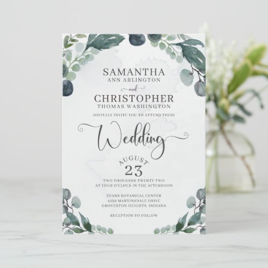 Invitation Aquarelle mariage Eucalyptus Vert (Debout devant)