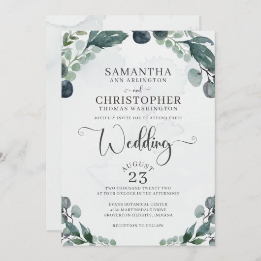 Invitation Aquarelle mariage Eucalyptus Vert (Devant / Derrière)