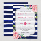 Invitation Aquarelle mariage Floral Argent Marine Bleu rayure (Devant / Derrière)