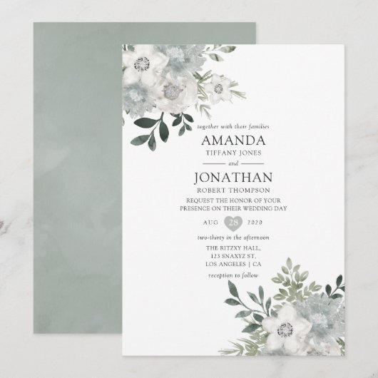 Invitation Aquarelle Mariage floral argent Sage (Devant / Derrière)
