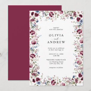 Invitation Aquarelle mariage floral bleu marine Bourgogne