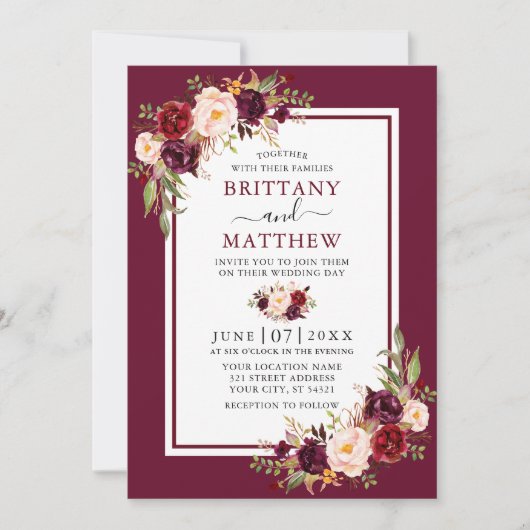 Invitation Aquarelle mariage Floral Bourgogne Cadre (Devant)