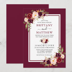 Invitation Aquarelle mariage Floral Bourgogne Cadre