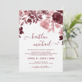 Invitation Aquarelle Mariage Floral - Bourgogne et rose (Debout devant)