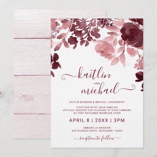 Invitation Aquarelle Mariage Floral - Bourgogne et rose (Devant / Derrière)