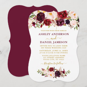 Invitation Aquarelle Mariage Floral Bourgogne or
