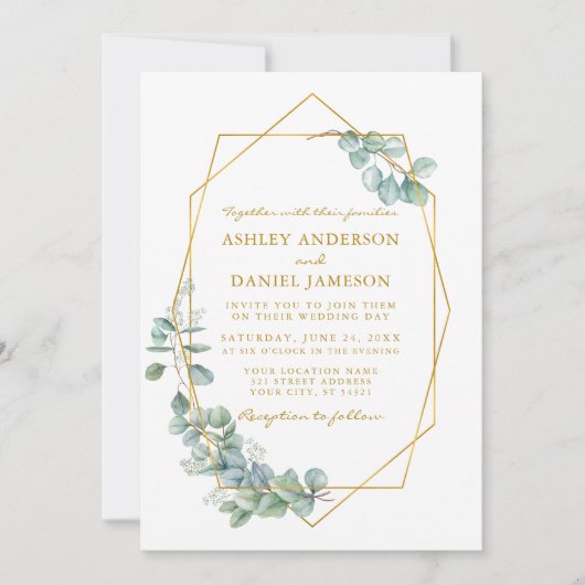 Invitation Aquarelle mariage Gold Frame Eucalyptus Vert (Devant)