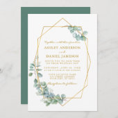 Invitation Aquarelle mariage Gold Frame Eucalyptus Vert (Devant / Derrière)