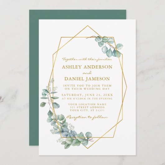 Invitation Aquarelle mariage Gold Frame Eucalyptus Vert (Devant / Derrière)