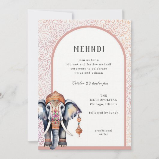 Invitation Aquarelle Mariage indien Elephant Mehndi (Devant)