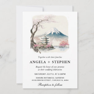 Invitation Aquarelle mariage japonais scénique Fuji et pagode