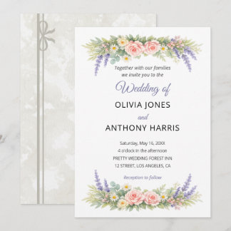 Invitation Aquarelle mariage lavande eucalyptus rose