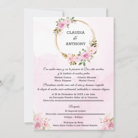 Invitation Aquarelle Mariage or rose (Devant)