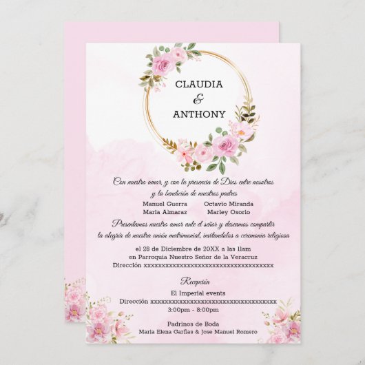 Invitation Aquarelle Mariage or rose (Devant / Derrière)