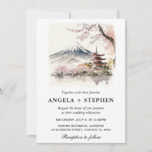 Invitation Aquarelle mariage panoramique japonais Fuji et pag