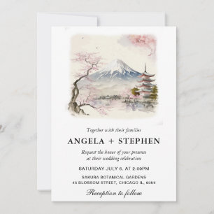 Invitation Aquarelle mariage panoramique japonais Fuji et pag