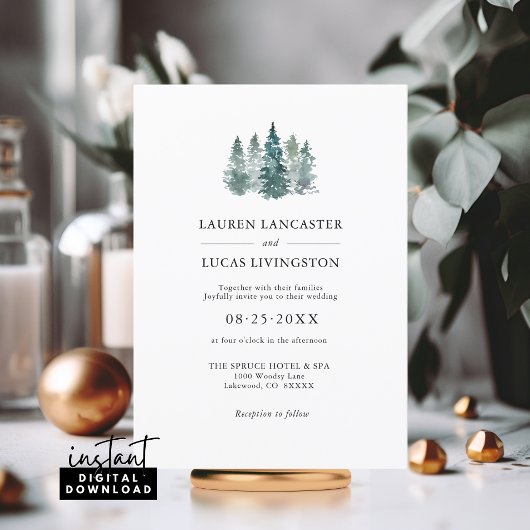 Invitation Aquarelle mariage Pins rustiques Arbres verts prof