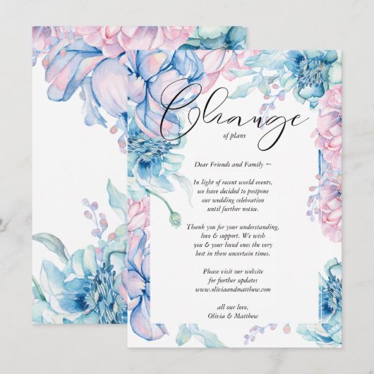 Invitation Aquarelle Mariage reportée rose et bleu Floral (Devant / Derrière)
