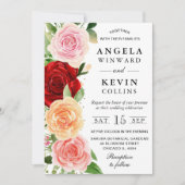 Invitation Aquarelle Mariage Rose rouge et orange (Devant)