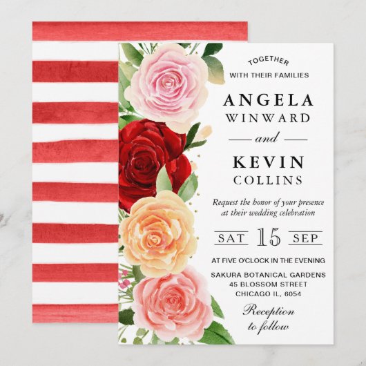 Invitation Aquarelle Mariage Rose rouge et orange (Devant / Derrière)