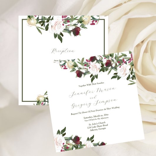 Invitation Aquarelle mariage Roses blanches Fleurs de cannebe