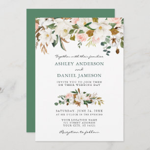 Invitation Aquarelle mariage Roses roses blanches Magnolias