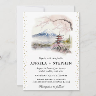 Invitation Aquarelle mariage scénique japonais Fuji et pagode