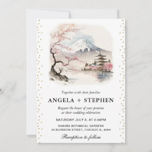 Invitation Aquarelle mariage scénique japonais Fuji et pagode