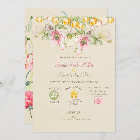 Invitation Aquarelle Mariage tout en un rose vert jaune (Devant / Derrière)