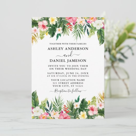 Invitation Aquarelle mariage Tropical Floral Green (Debout devant)