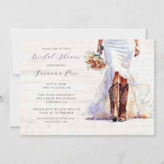 Invitation Aquarelle Mariée En Mariage Robe Cowgirl Bottes (Devant)