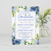 Invitation Aquarelle Marine & Baby Blue Flowers Graduation (Debout devant)