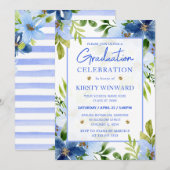 Invitation Aquarelle Marine & Baby Blue Flowers Graduation (Devant / Derrière)