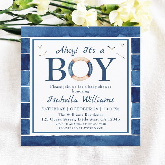 Invitation Aquarelle marine Baby shower de garçon bleu marine