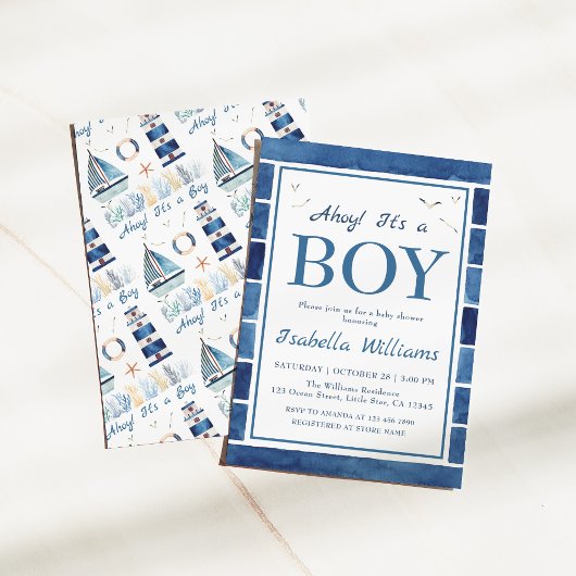 Invitation Aquarelle marine Baby shower de garçon bleu marine