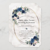 Invitation Aquarelle Marine bleu Blush Fleurs Mariage en marb (Devant / Derrière)