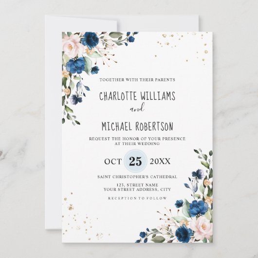Invitation Aquarelle Marine bleu Blush Rose Floral Mariage (Devant)