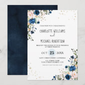Invitation Aquarelle Marine bleu Blush Rose Floral Mariage (Devant / Derrière)