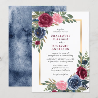 Invitation Aquarelle Marine Bleu Bourgogne Or Floral