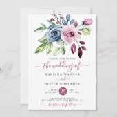 Invitation Aquarelle marine bleu et vin Mariage floral (Devant)