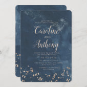 Invitation Aquarelle Marine bleu étoile Rose Mariage or (Devant / Derrière)