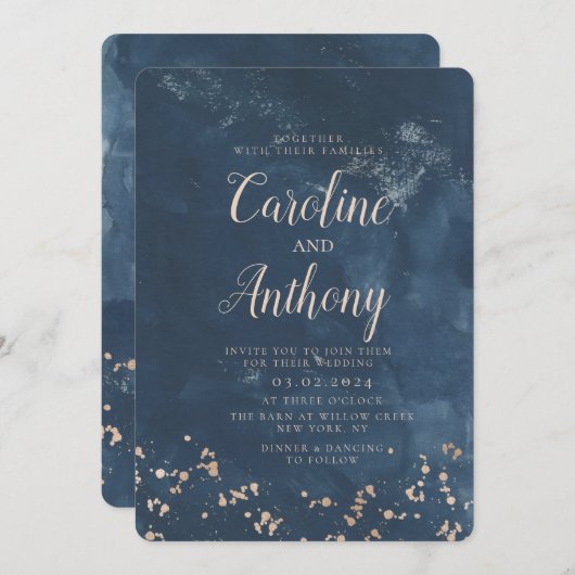 Invitation Aquarelle Marine bleu étoile Rose Mariage or (Devant / Derrière)