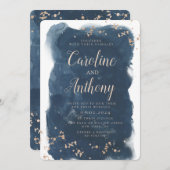 Invitation Aquarelle Marine bleu étoile Rose Mariage or (Devant / Derrière)