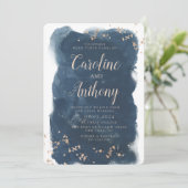 Invitation Aquarelle Marine bleu étoile Rose Mariage or (Debout devant)