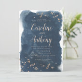 Invitation Aquarelle Marine bleu étoile Rose Mariage or (Debout devant)